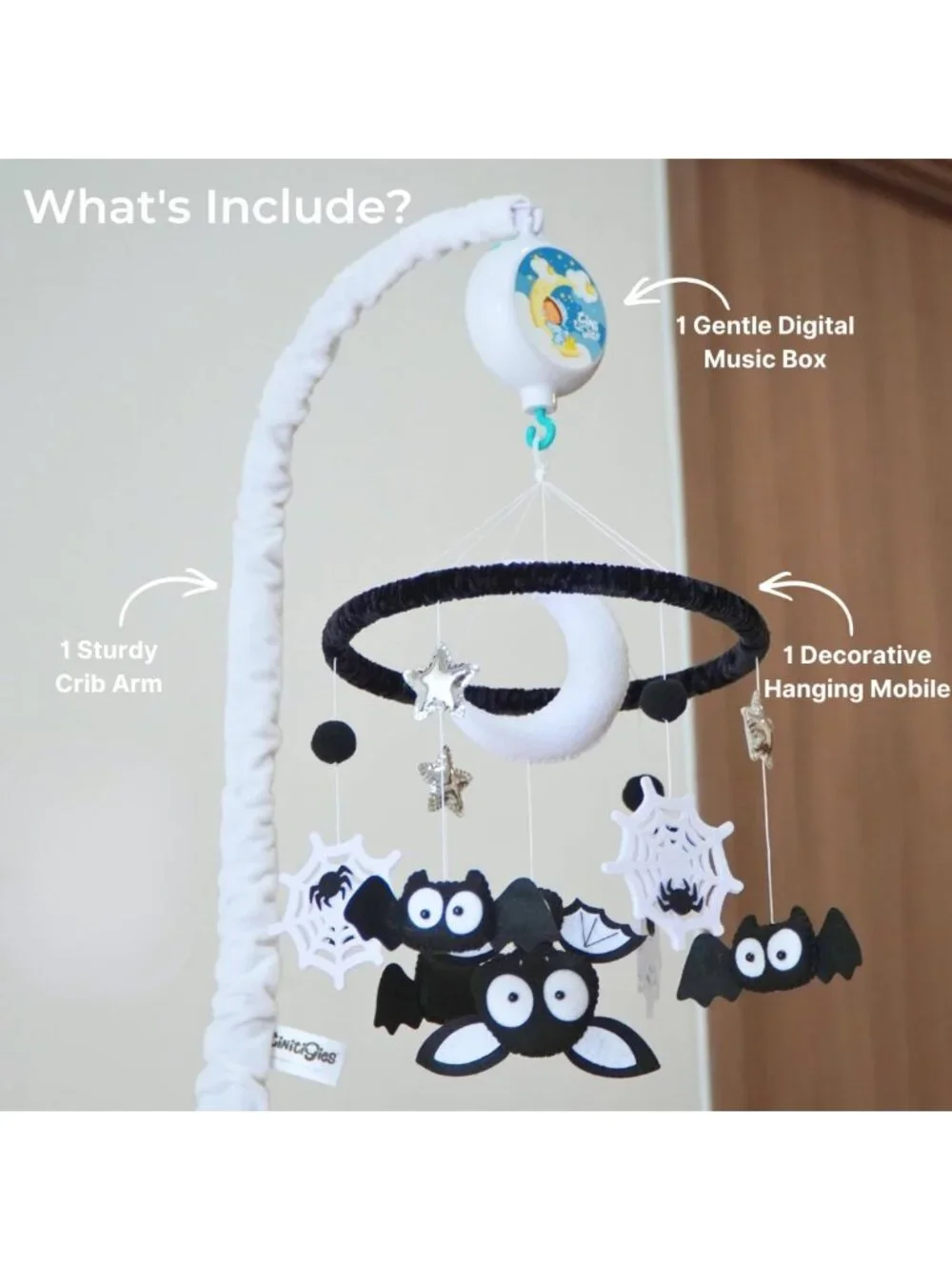 High Contrast Black & White Crib Mobile with Music | Gothic Halloween Decor